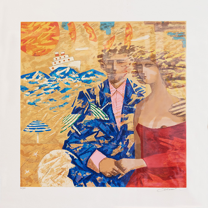 Giampaolo Talani AMANTI MARINI Serigrafia polimaterica con interventi in sabbia 70x70 cm