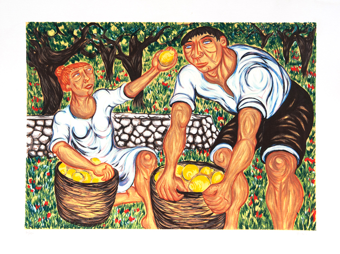 Giuseppe Migneco RACCOGLITORI DI LIMONI Serigrafia polimateria 70x100 cm