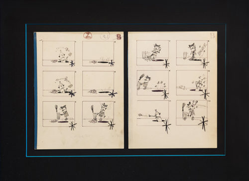 Pino Pascali DALL'ARTE AGLI SHORT PUBBLICITARI Storyboart "Postero's" China e grafite su cartone (dittico) - archivio Frittelli Arte" - 27x44 cm